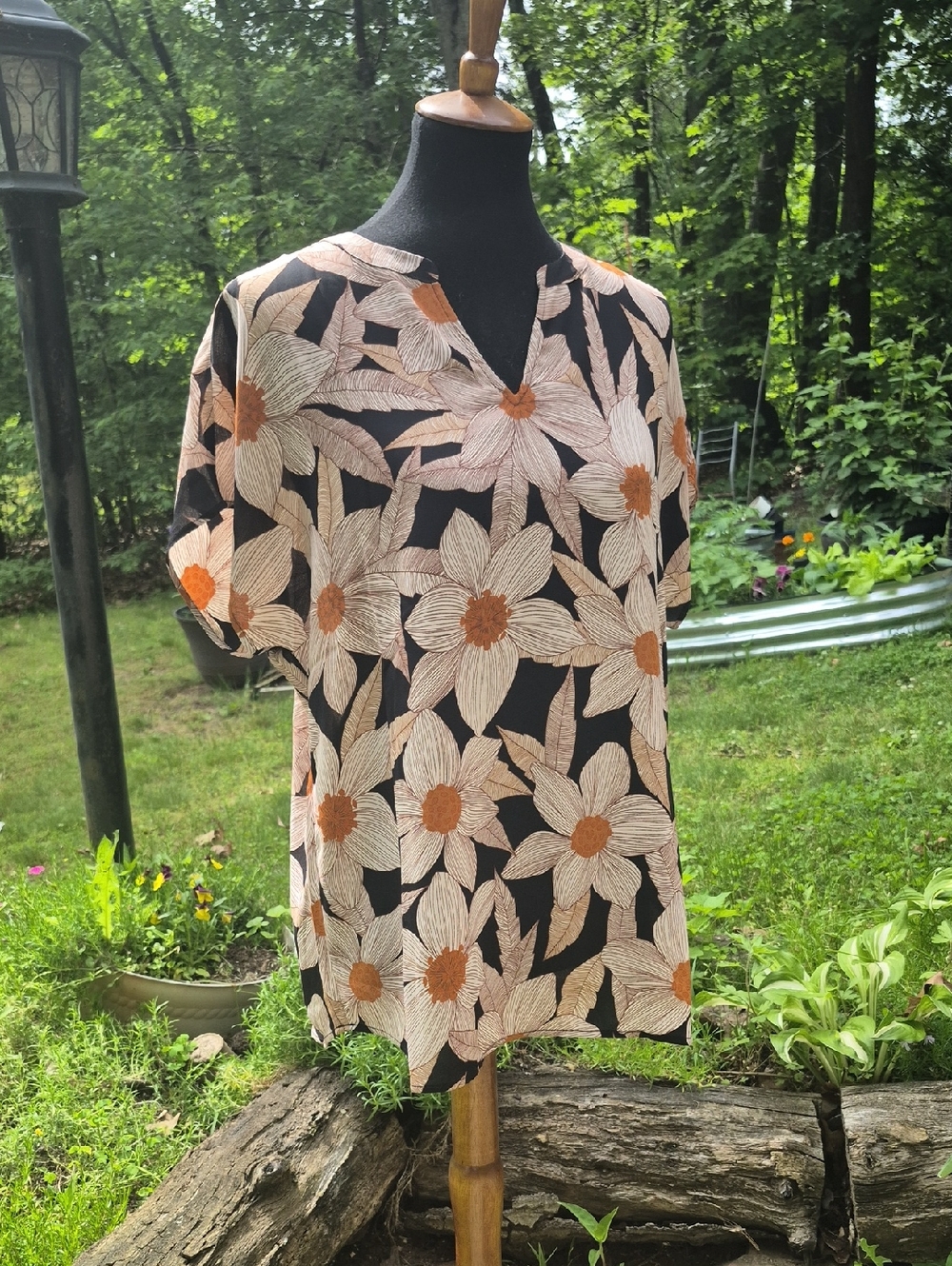 CAbi Black Floral V-Neck Blouse with Cream and Rust Flowers